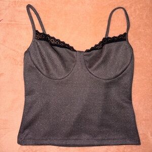 Black Glitter Top with Lace Trim